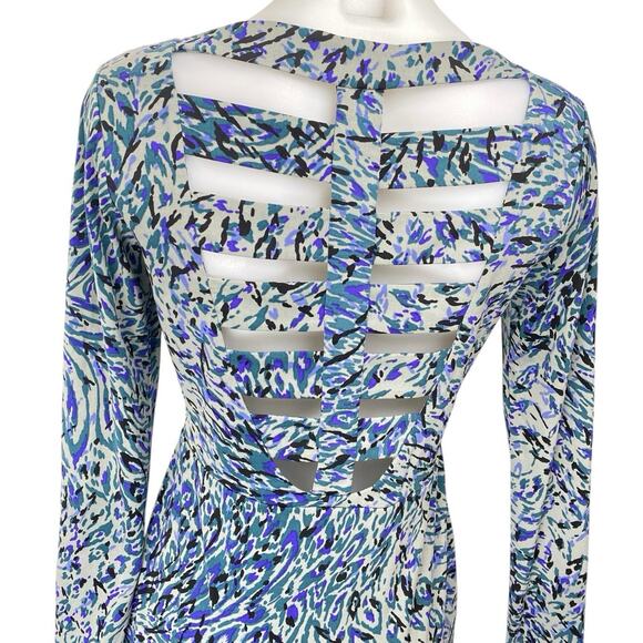 BCBGeneration Blue Abstract Long Sleeve Faux Wrap Mini Sheath Dress Size XS - Picture 3 of 5